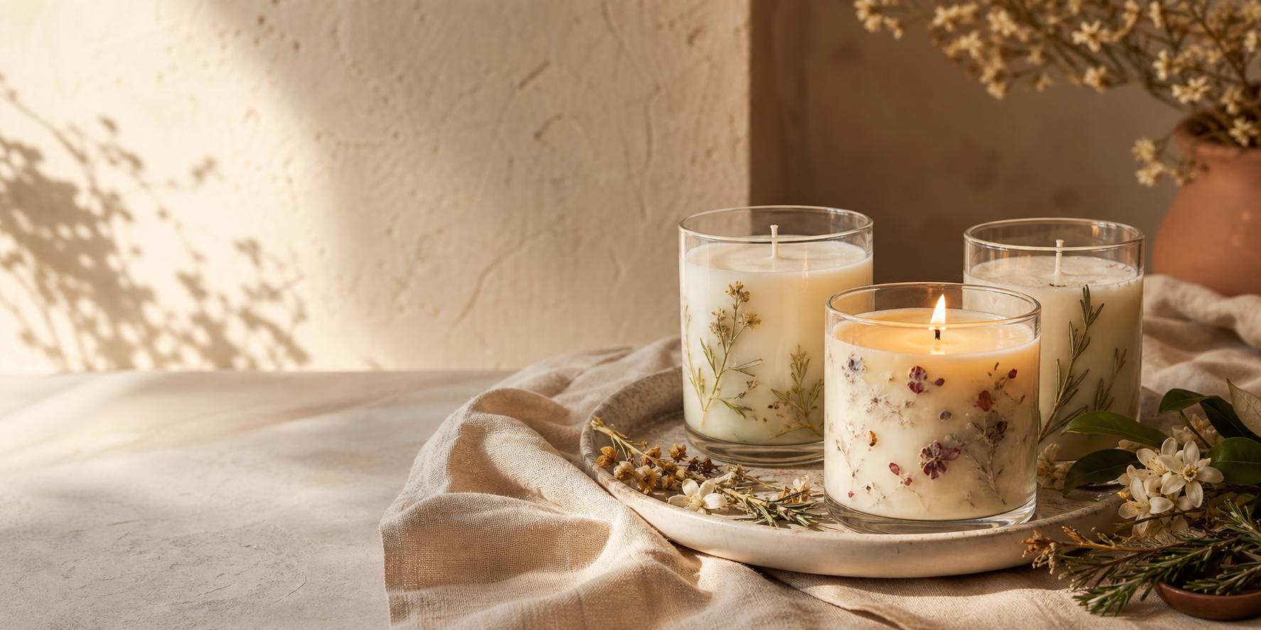 Velas artesanales premium en una mesa mediterranea